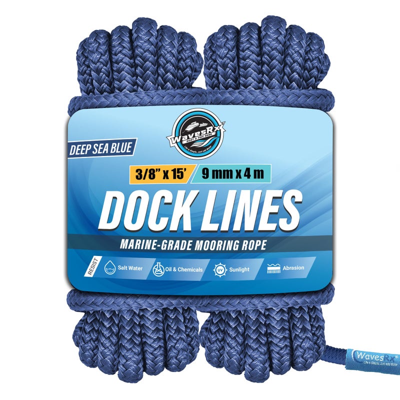 WAVESRX Premium Nylon Boat Dock Lines & Ropes for Docking & Pontoon | Double Braided Marine Rope | Boat Ropes for Docking with Loop | UV & Saltwater Resistant Dock Rope (Deep Sea Blue, 3/8â€ x 15â€™) - Image 1